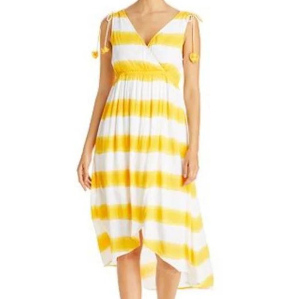 Tommy Bahama Yellow/White Stripe Flowy Rayon Faux Wrap Maxi Dress, Size Medium